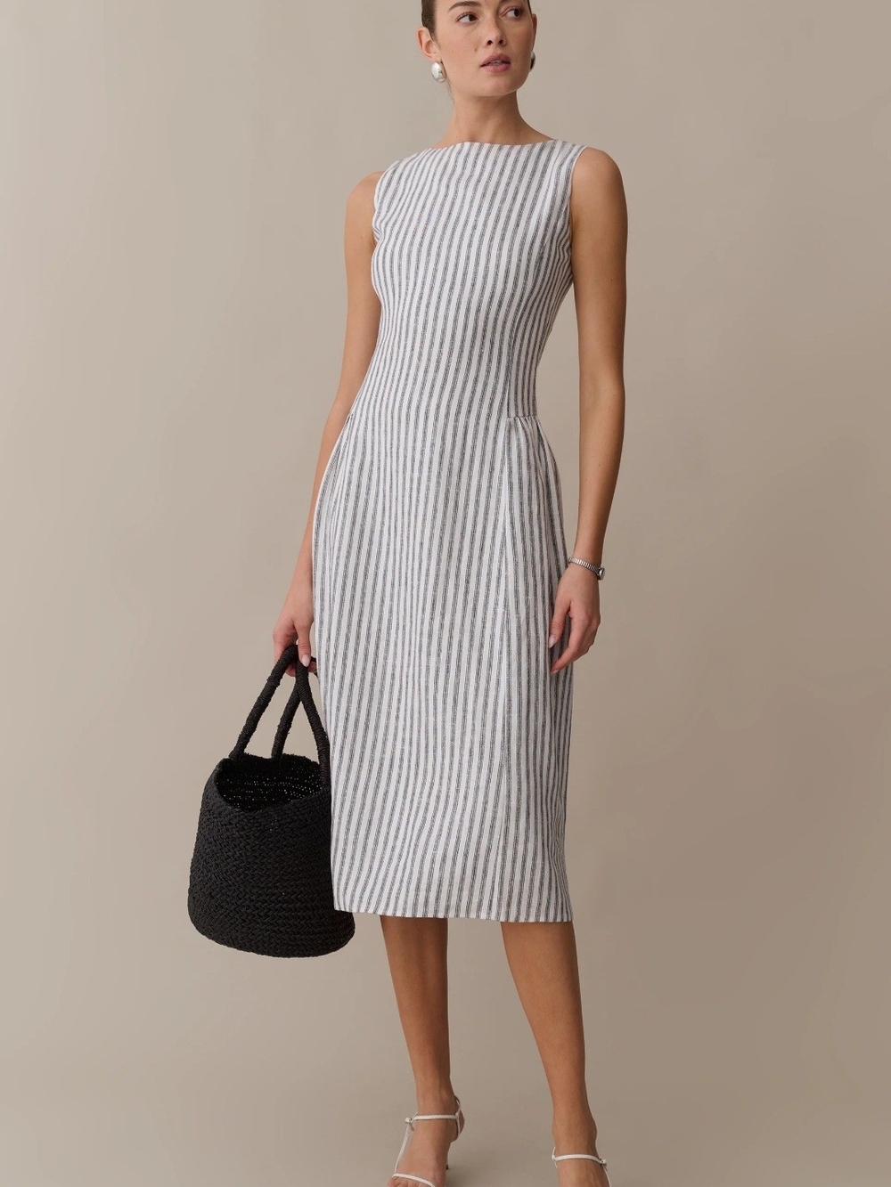 Few Moda Sleeveless Linen Midi Sheath Dress in White and Blue Stripe
